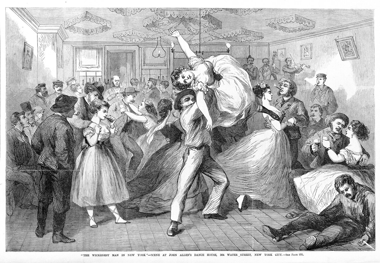 The Wickedest Man in New York, scene fra John Allans Dance House, 304 Water Street, New York City, fra Frank Leslies Illustrated Newspaper, 1868 av Frank Leslie