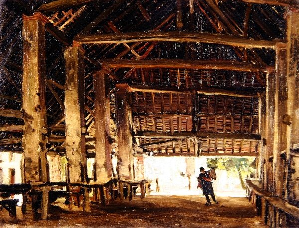 Den store låven, Larchant (olje om bord) av Frank Lewis Emanuel