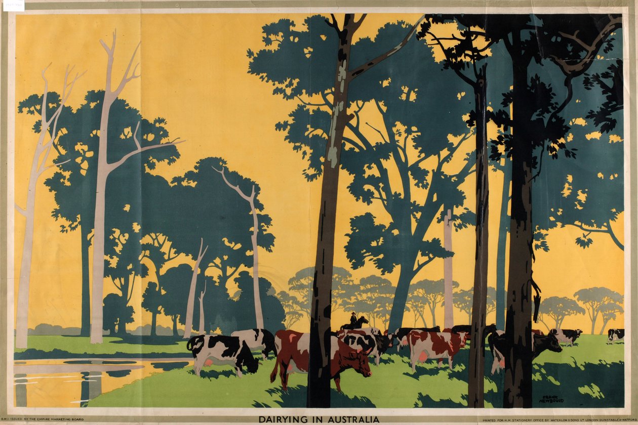Meieri i Australia, fra serien 'Empire Buying Makes Busy Factories' (farge litho) av Frank Newbould