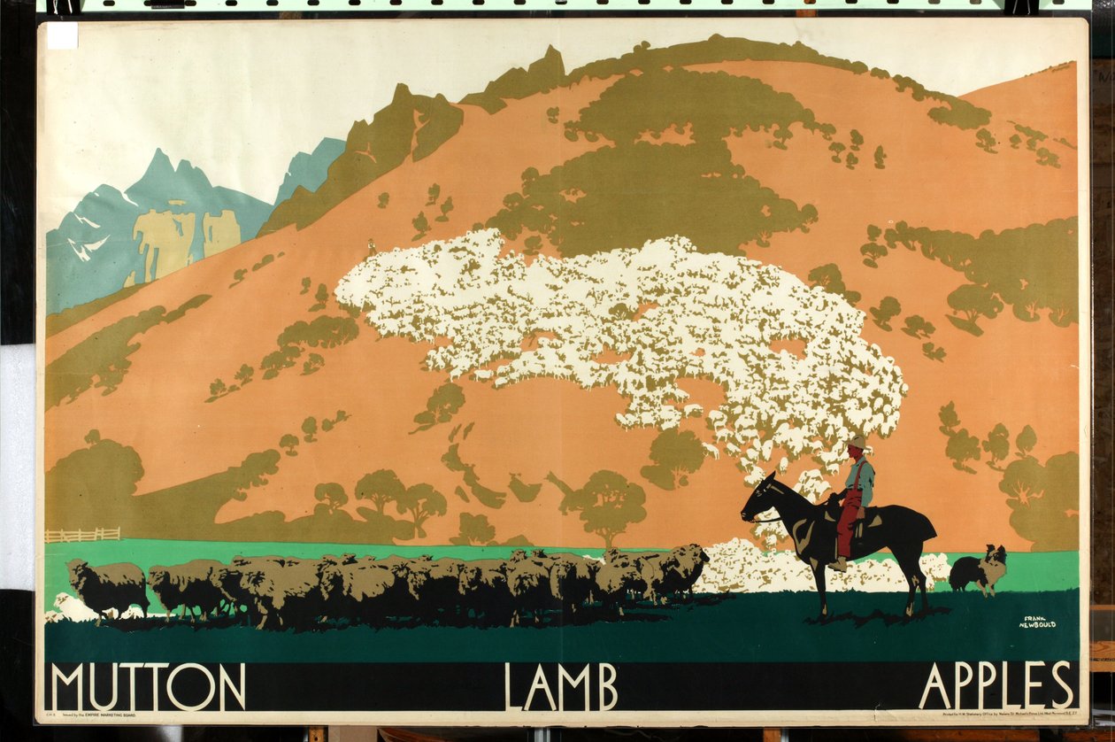 Fårekjøtt - lam - epler, fra serien 'Buy New Zealand Produce' [6319386] (farge litho) av Frank Newbould