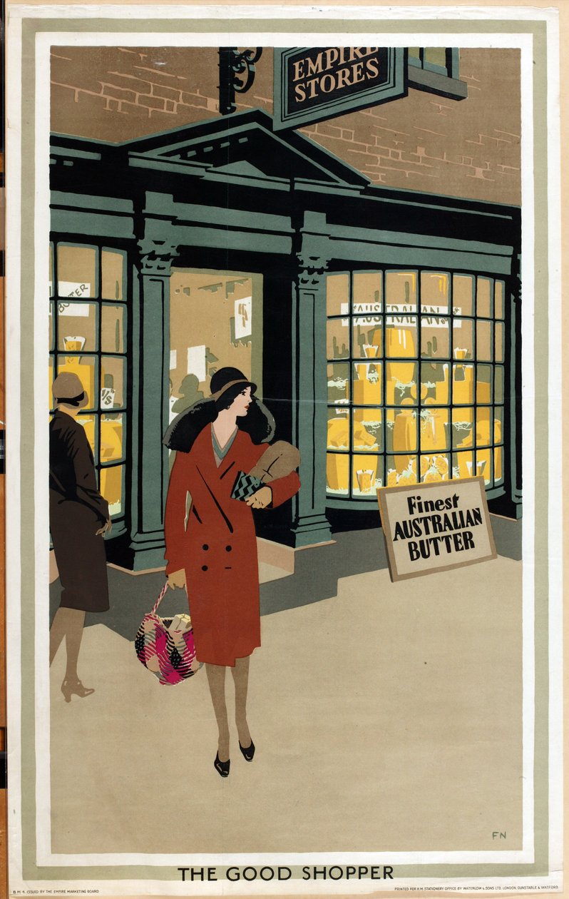 The Good Shopper, fra serien 'Empire Buying Makes Busy Factories' (farge litho) av Frank Newbould