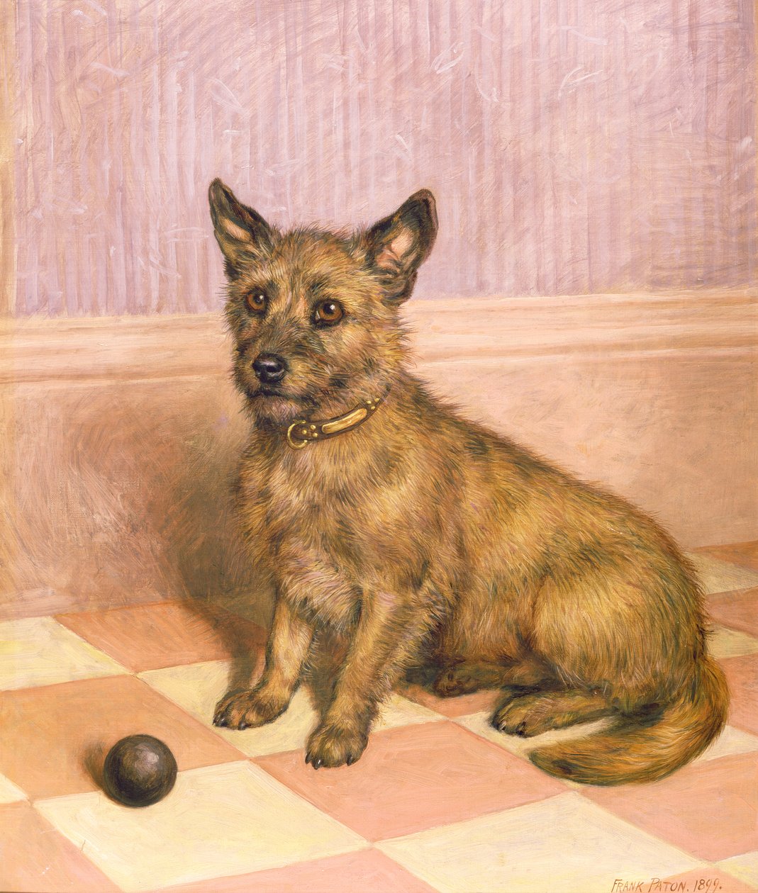 Waiting to Play, en Cairn terrier med en ball (olje) av Frank Paton