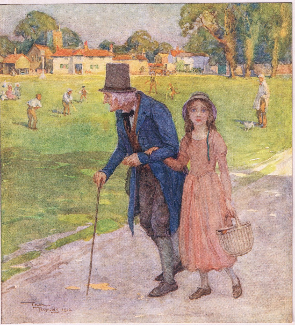 Det var et veldig lite sted. Mennene og guttene spilte cricket på greenen, ca. 1920 (fargelitografi) av Frank Reynolds
