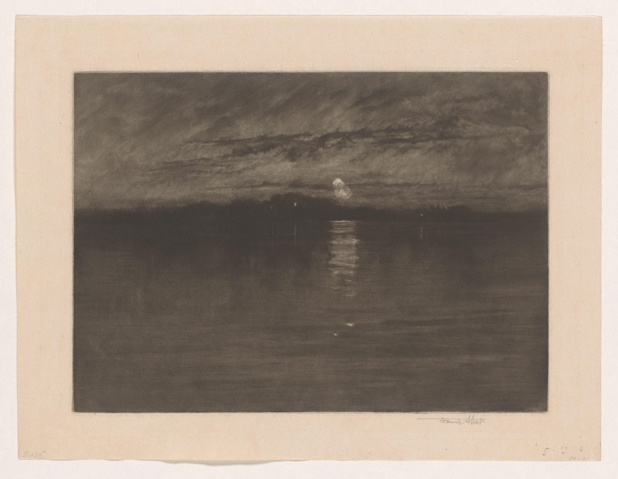 Nattlandskap med en innsjø Da den slitne månen var i ferd med å avta, Dort av Frank Short (signed by artist)