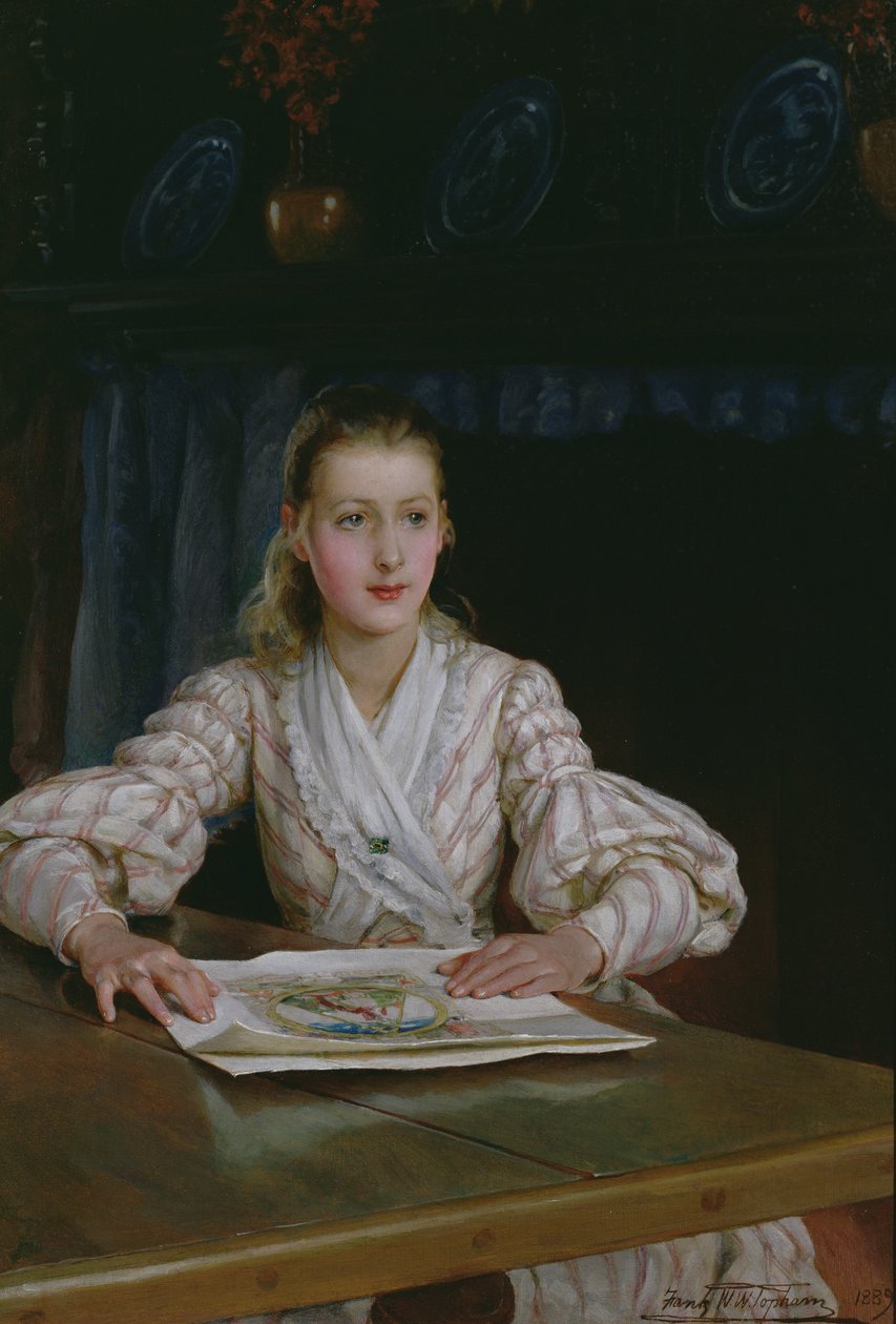 Ung jente ser på et trykk, 1889 av Frank William Warwick Topham