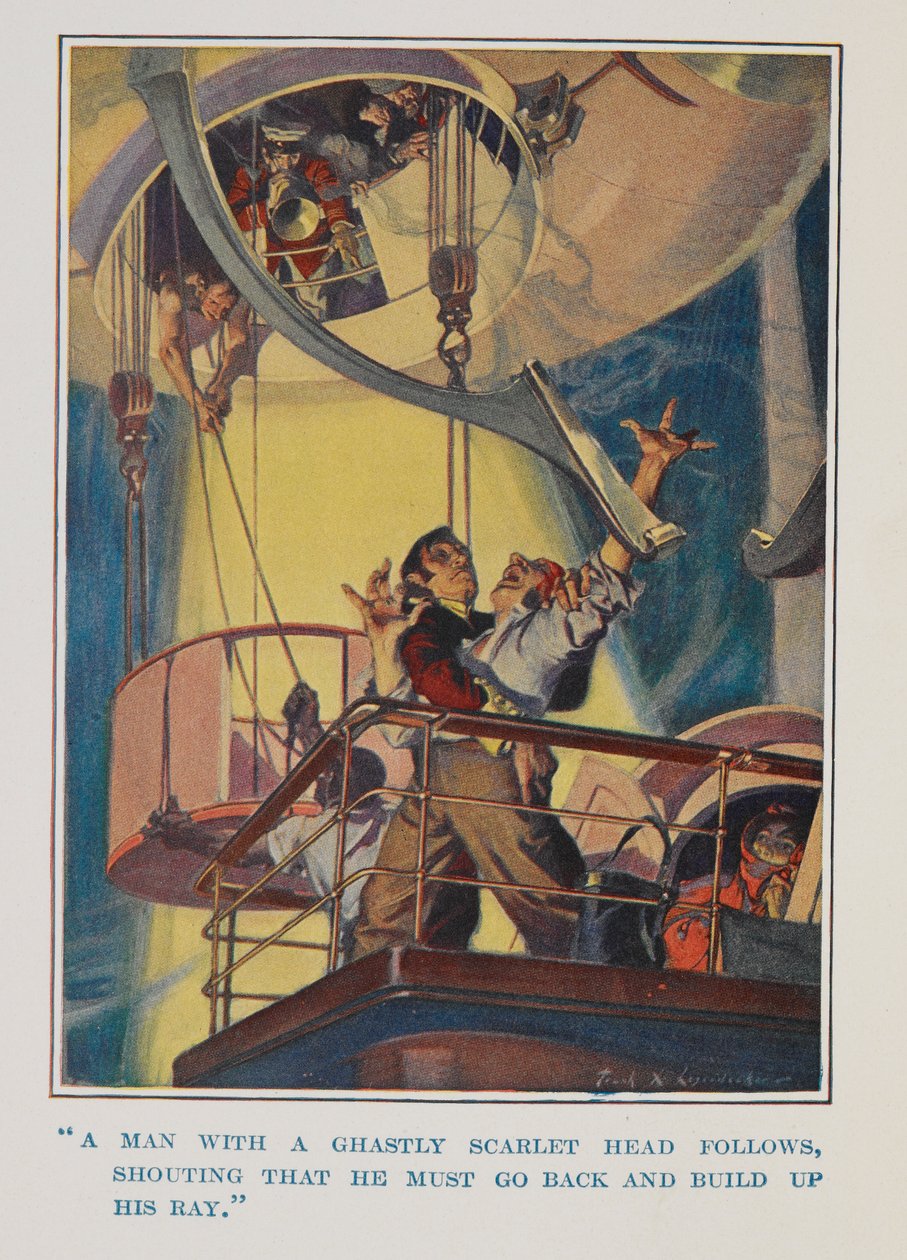 "En mann med et forferdelig hode følger etter og roper at han må gå tilbake og bygge opp strålen sin" av Frank Xavier Leyendecker