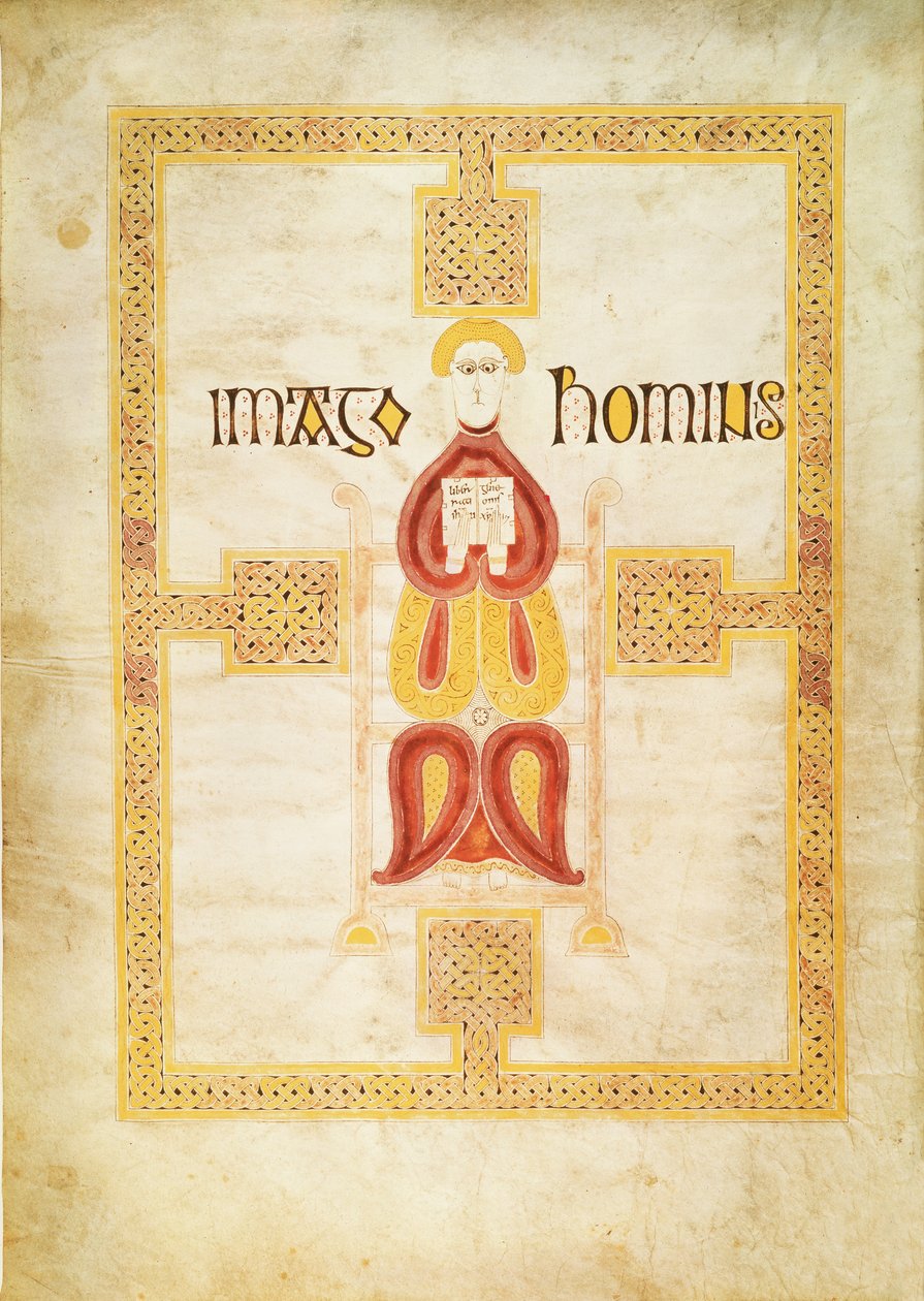 Lat 9389 f.18v Symbol for Matteus, `Imago Hominus, Lindisfarne, fra Echternach Gospel Book, ca.700 av Frankish School