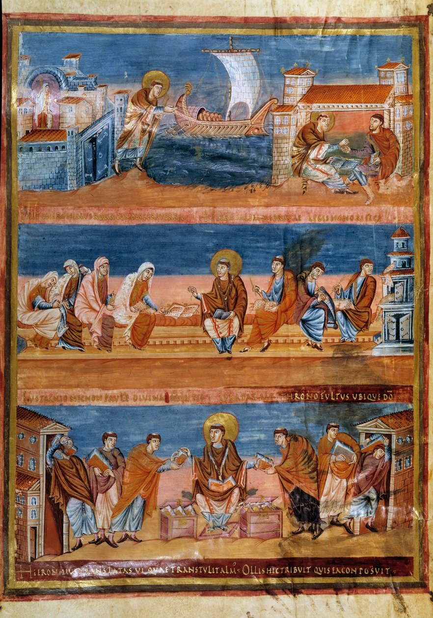 Den hellige Hieronymus forlater Roma og betaler læreren sin i Jerusalem (øverst), jobber med de skriftlærde (i midten) og distribuerer Vulgata (nederst). Miniatyr i "" First Bible of Charles the Bald, også kjent som Bibelen til Vivien"" (Folio 3v), 845-846 av Frankish School