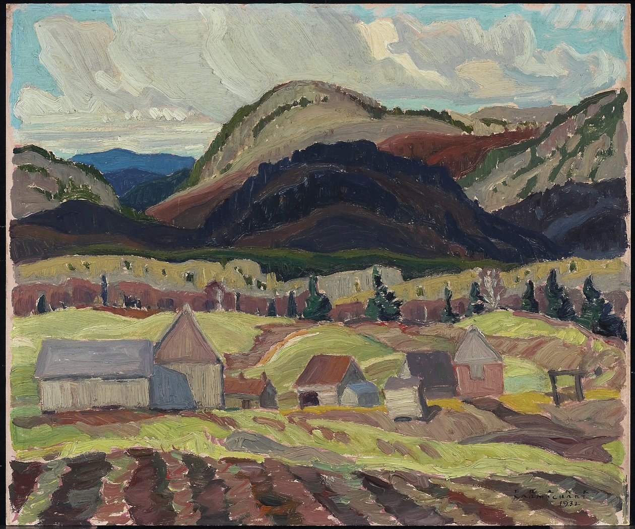 Gårdsbygninger, La Cloche, 1932 (olje på laminert papp) av Franklin Carmichael