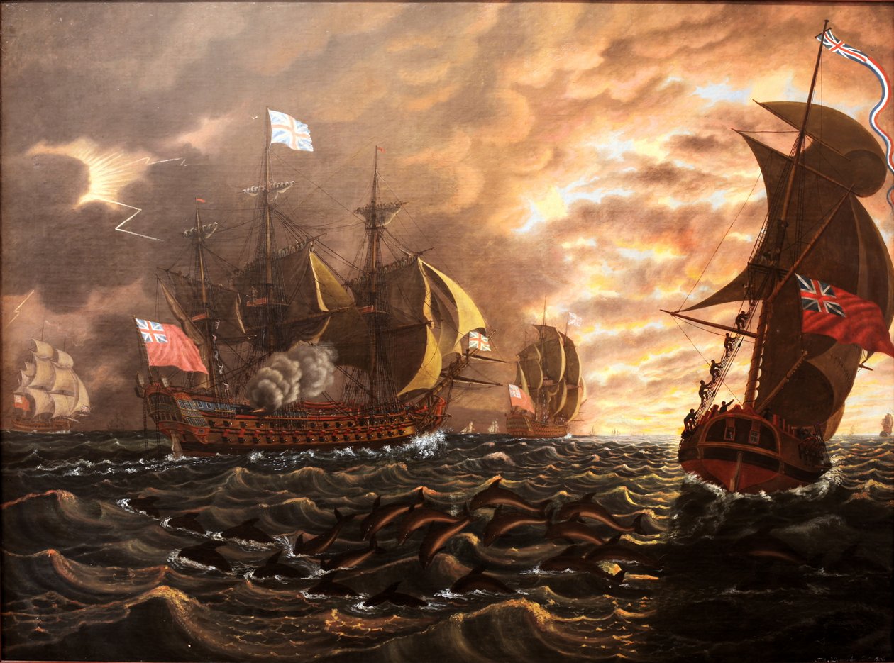 Flotilla av skip som flyr britiske farger av François Aimé Louis Dumoulin