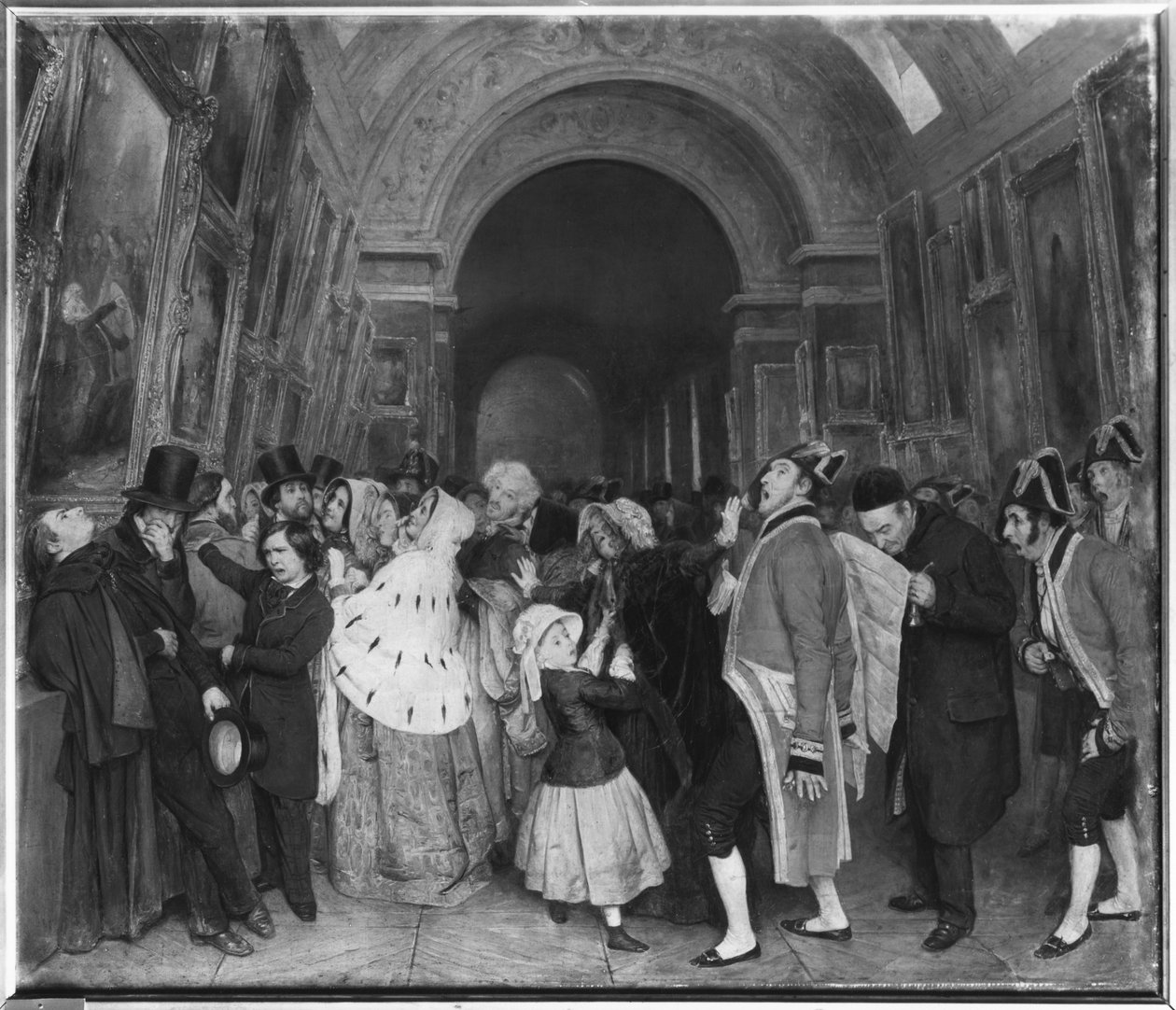 Klokken fire, også kjent som avslutning av den årlige Salon of Painting, delvis installert i det store galleriet ved Louvre, ca. 1847 av François Auguste Biard