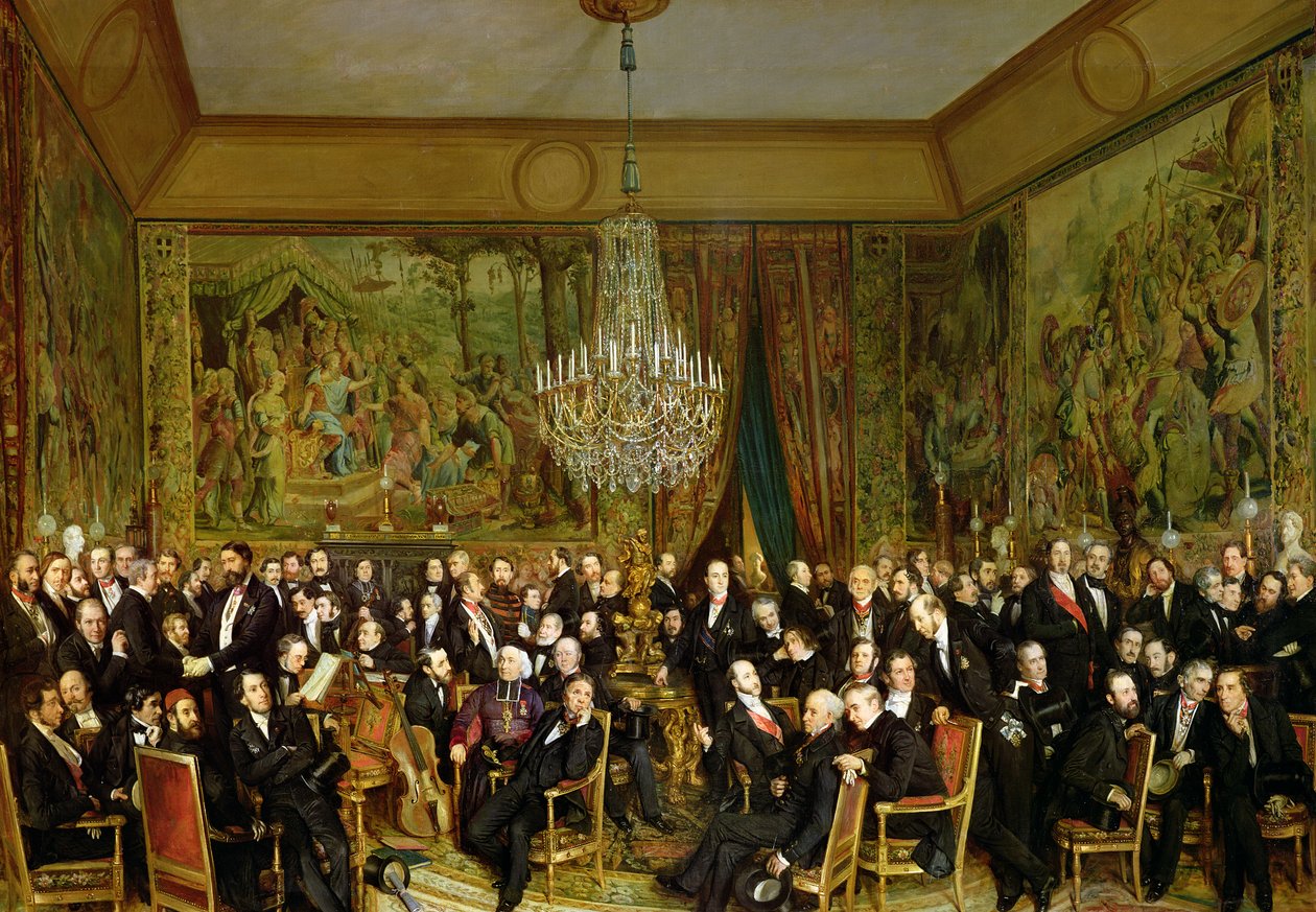 Salongen til Alfred Emilien, Comte de Nieuwerkerke (1811-92) ved Louvre, 1855 av François Auguste Biard