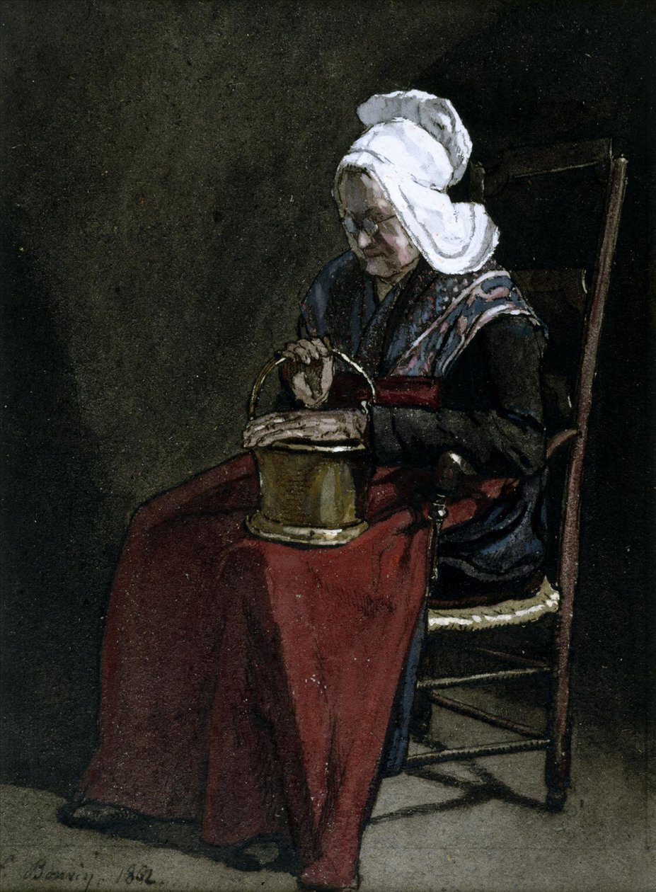 Gammel kvinne med messinggryte, 1862 (wc, penn og blekk og blyant på papir) av François Bonvin