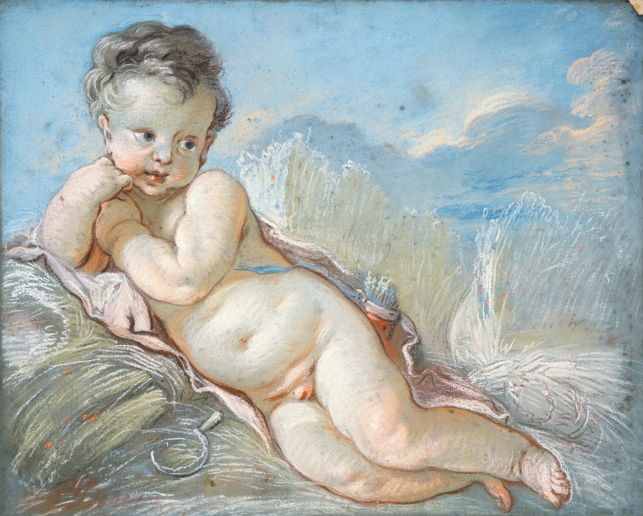 Amor liggende i en kornåker (kritt og pastell) av François Boucher