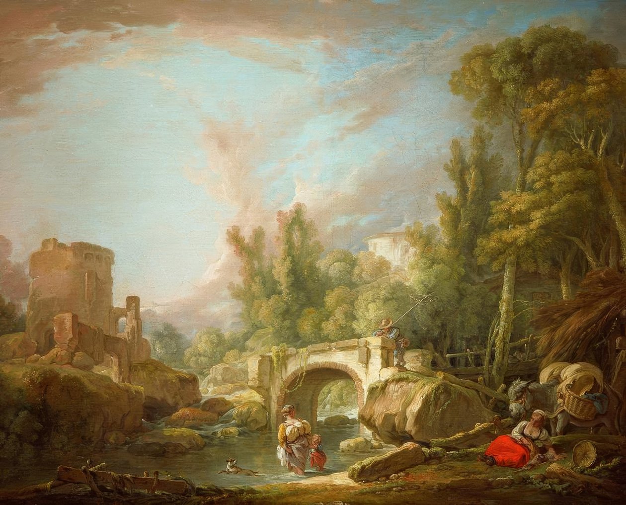 Elvelandskap med ruiner og bro av François Boucher