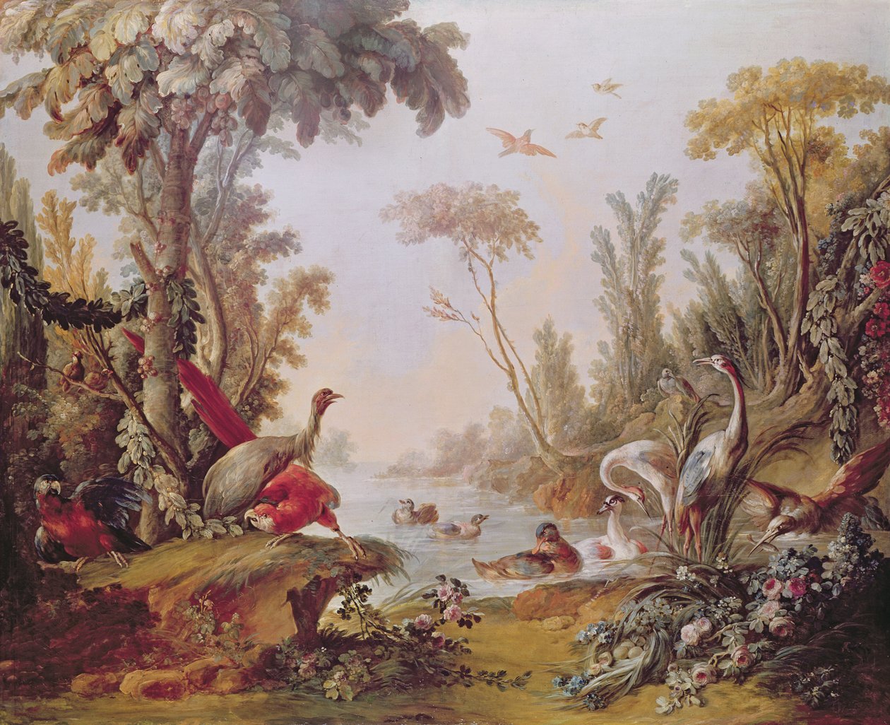 Innsjø med gjess, storker, papegøyer og hegre, fra Salon of Gilles Demarteau (1722-76) ca. 1750-65 av François Boucher