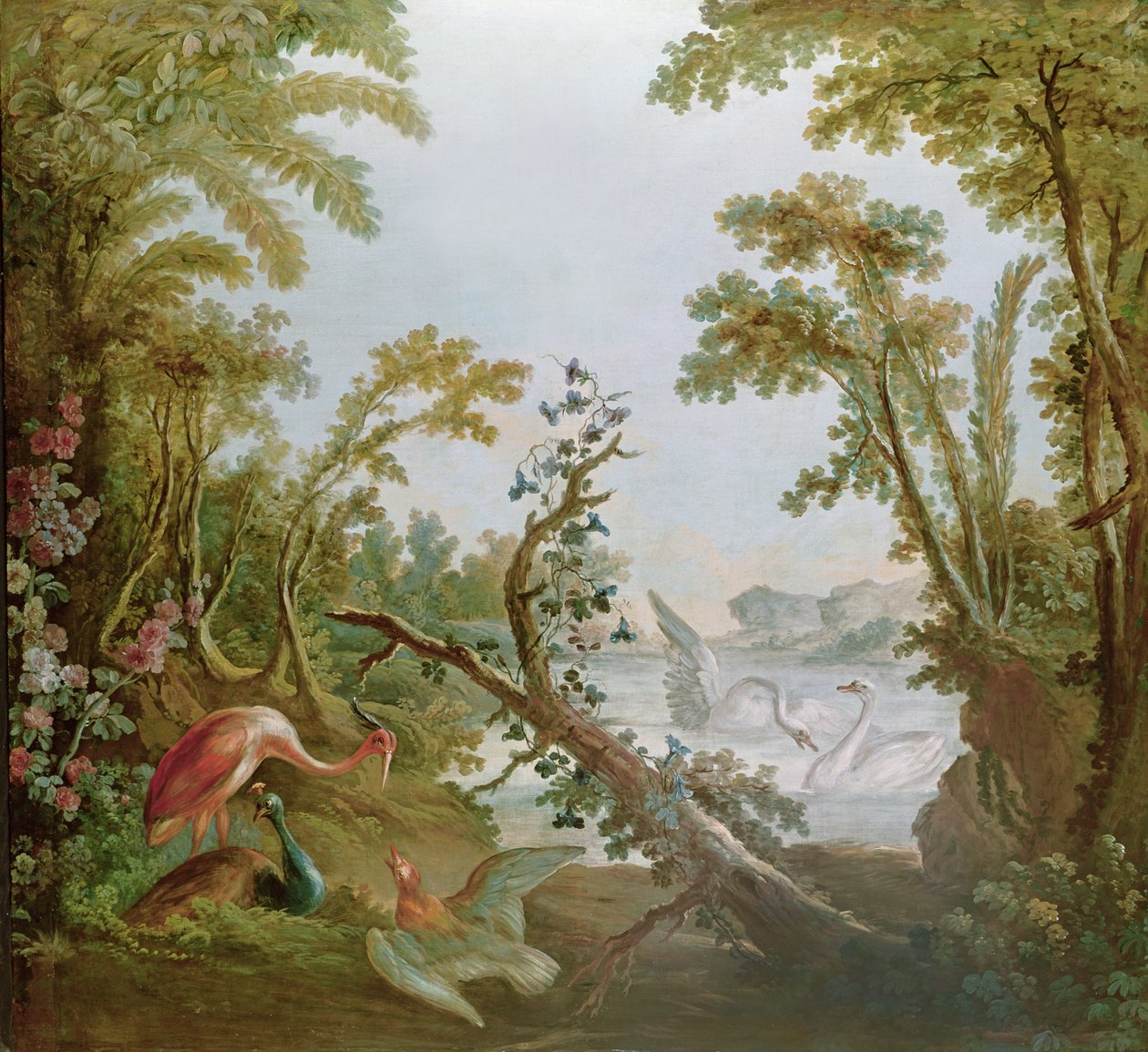 Innsjø med svaner, en flamingo og forskjellige fugler, fra salongen til Gilles Demarteau, ca. 1750-65 av François Boucher