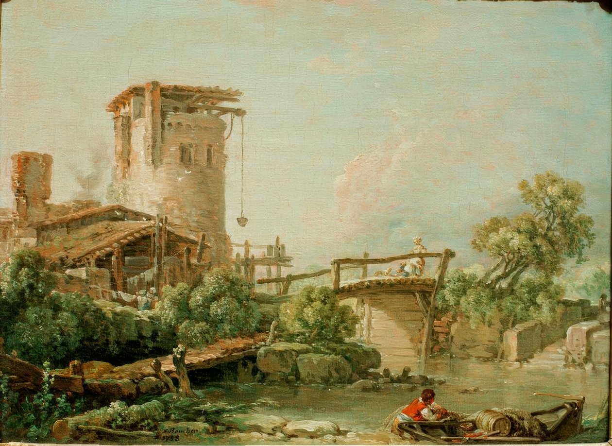 Landskap med tårn og bro av François Boucher