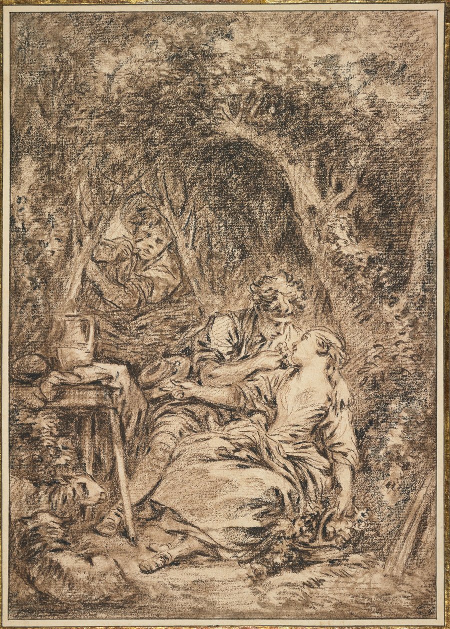 Lovers Surprised (Annette et Lubin), tidlig på 1760-tallet (brun og svart kritt, innslag av brun vask) av François Boucher