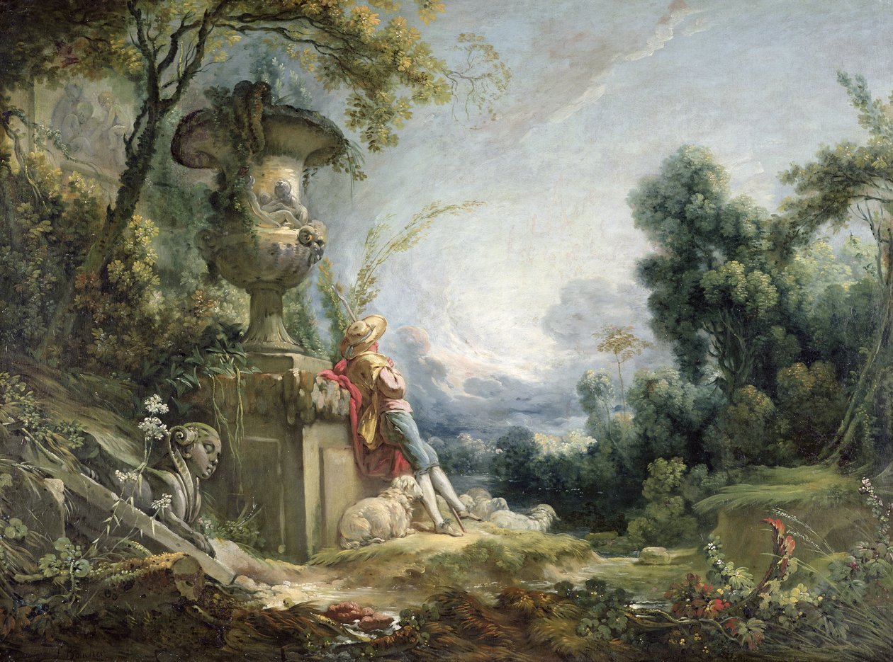Pastoral scene, eller ung hyrde i et landskap av François Boucher