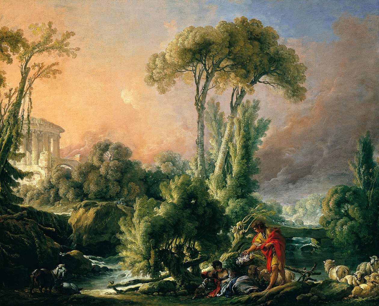 Elvelandskap med gammelt tempel av François Boucher