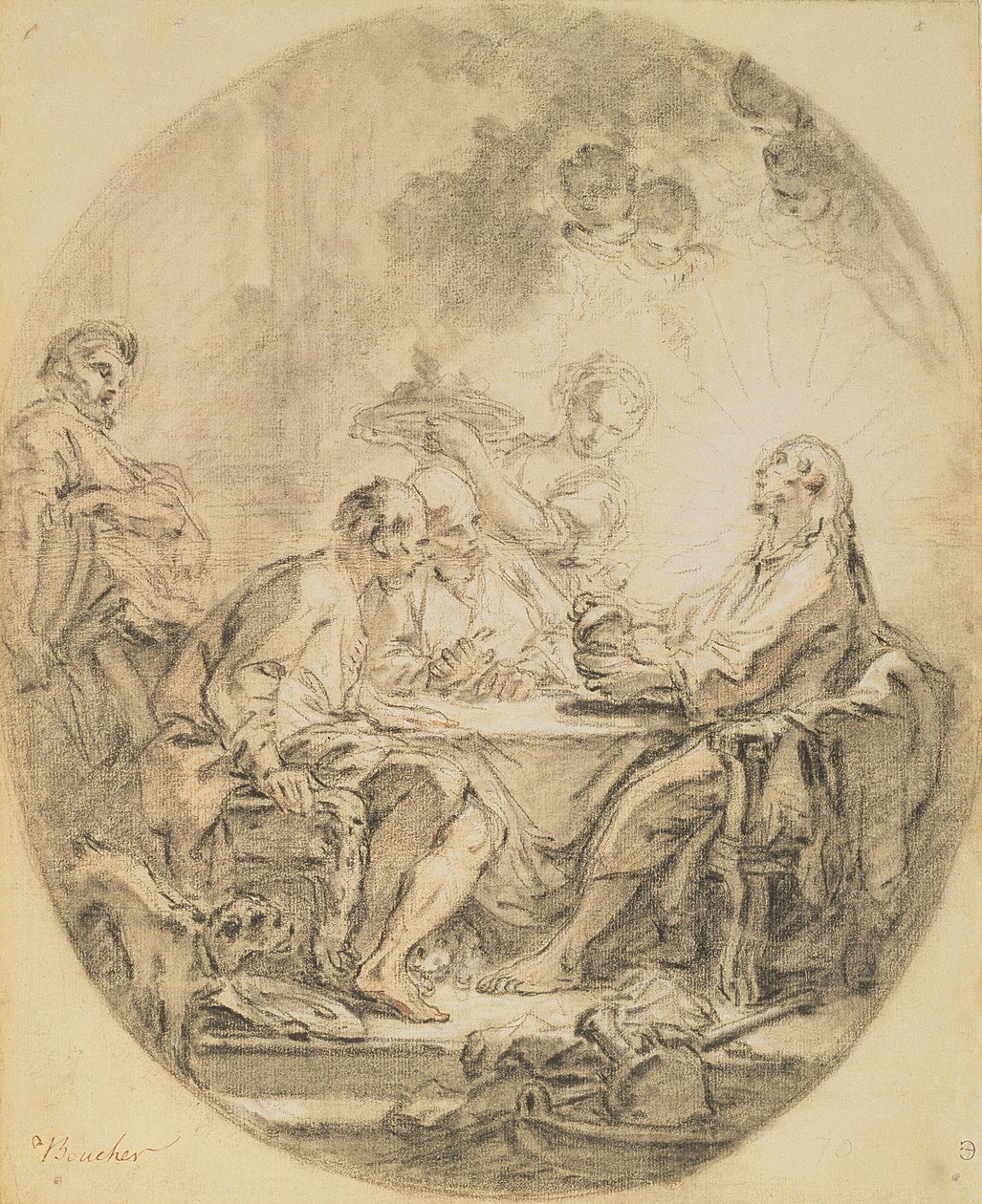 Pilegrimer i Emmaus (svart og hvitt kritt og sangvin) av François Boucher