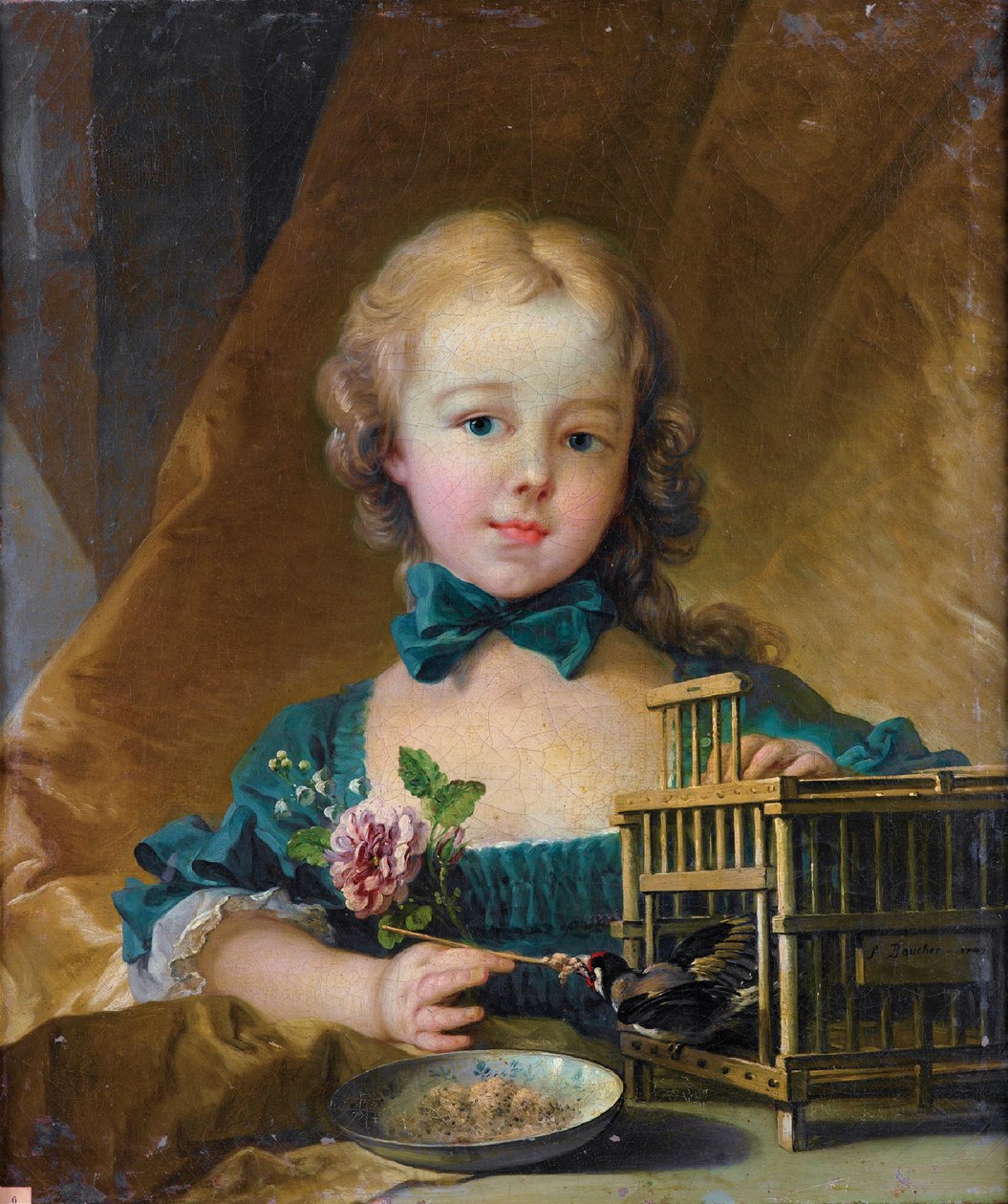 Portrett av Alexandrine Le Normant dÉtiolles som leker med en gullfinke av François Boucher