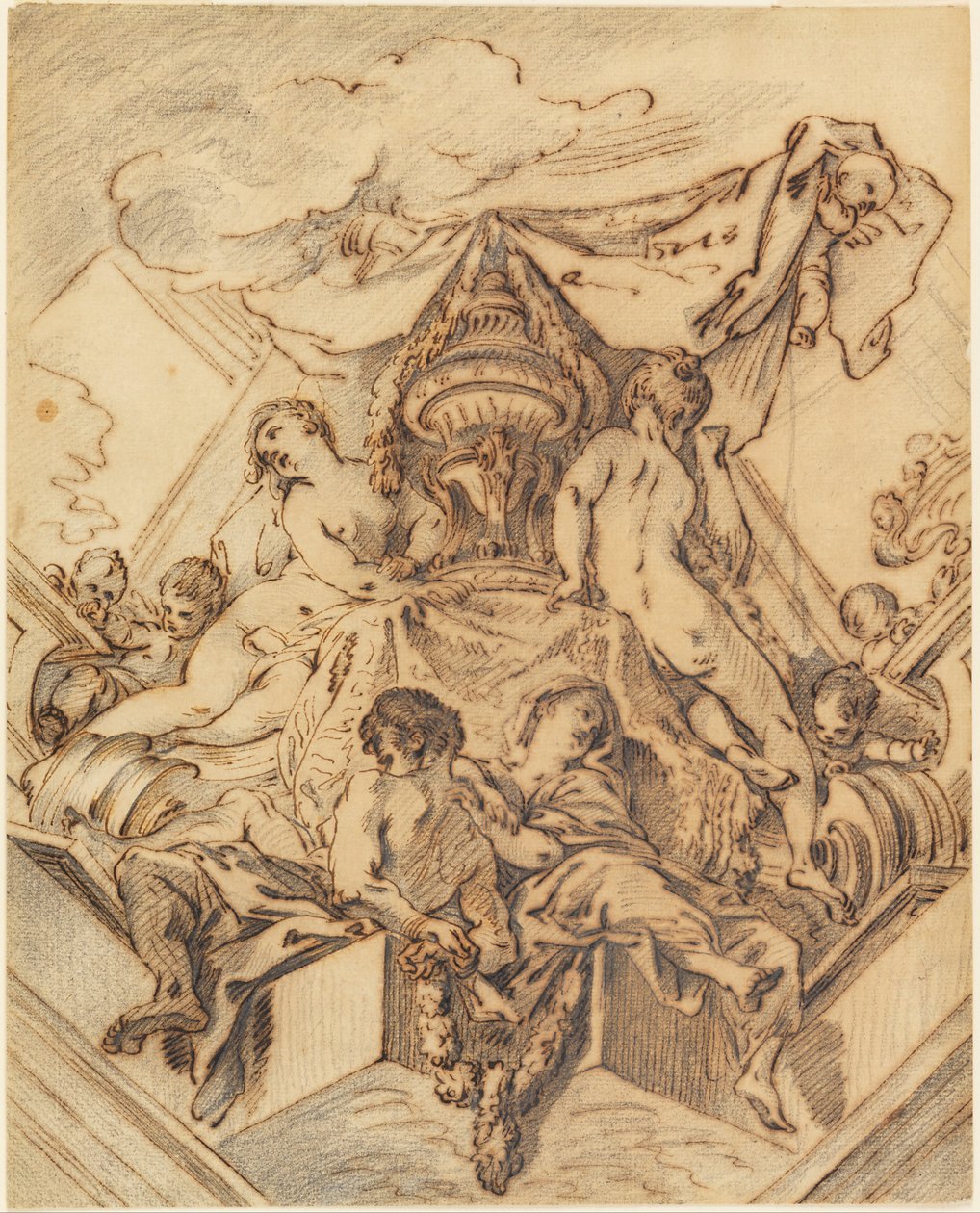 Prosjekt for et hjørnemotiv av et malt tak av François Boucher
