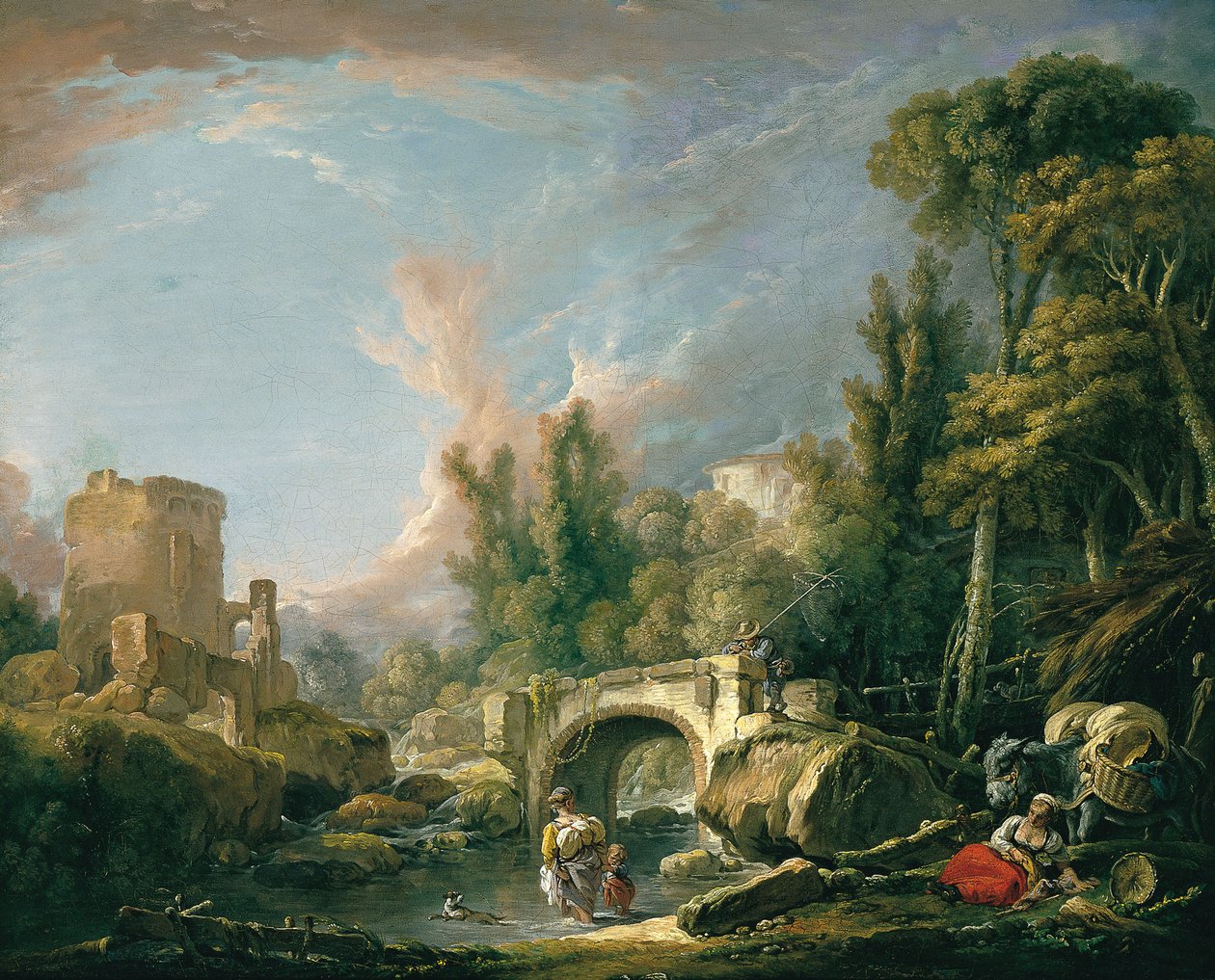 Elvelandskap med ruin og bro av François Boucher