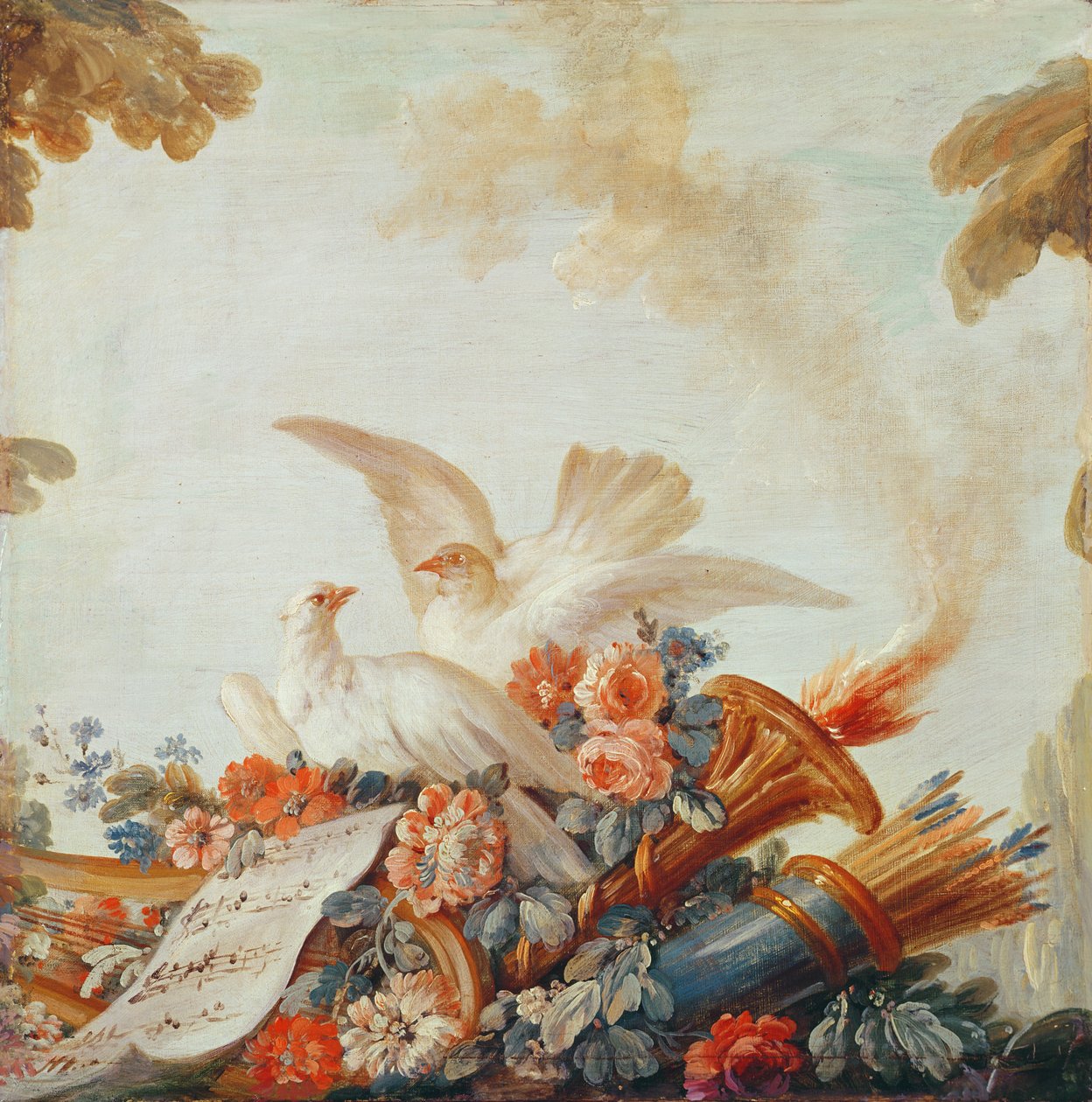 Salon til trykkerien Gilles Demarteau, over døren: duer og noter, ca. 1750-65 av François Boucher