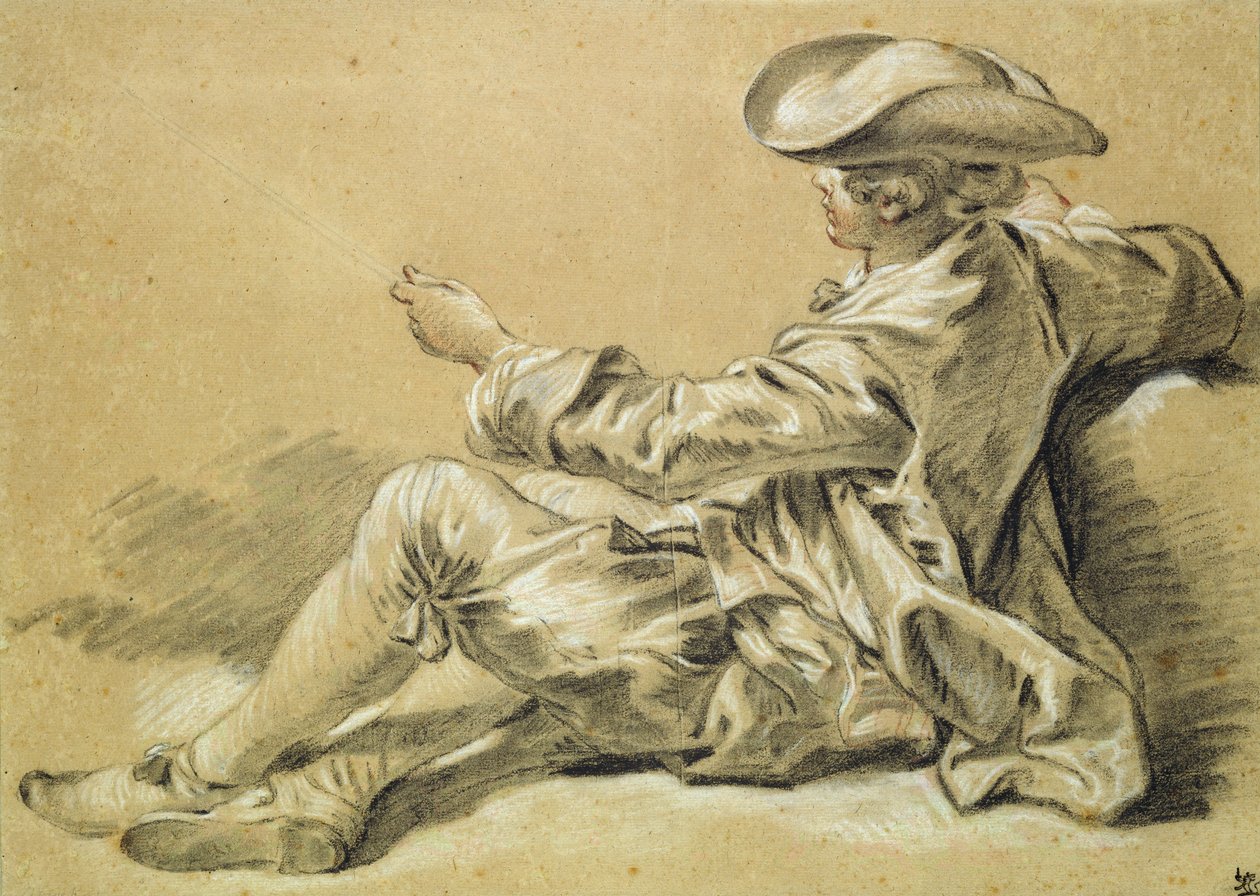 Liten gutt med fiskestang, 1755 (svart og hvitt kritt med rødt kritt på lysebrunt papir) av François Boucher