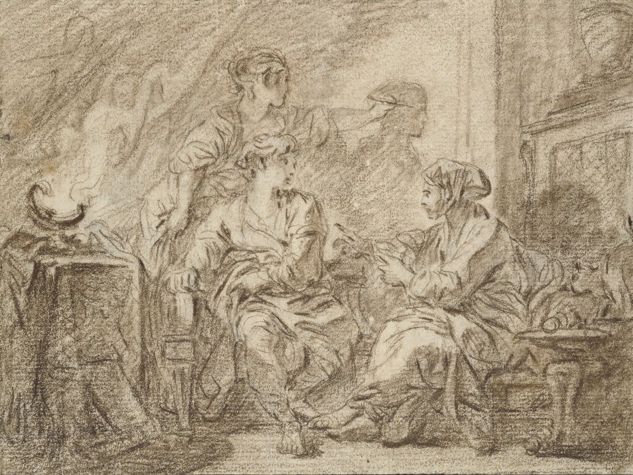 The Invention of Drawing (brunt kritt på off-white papir kantet med svart blekk) av François Boucher