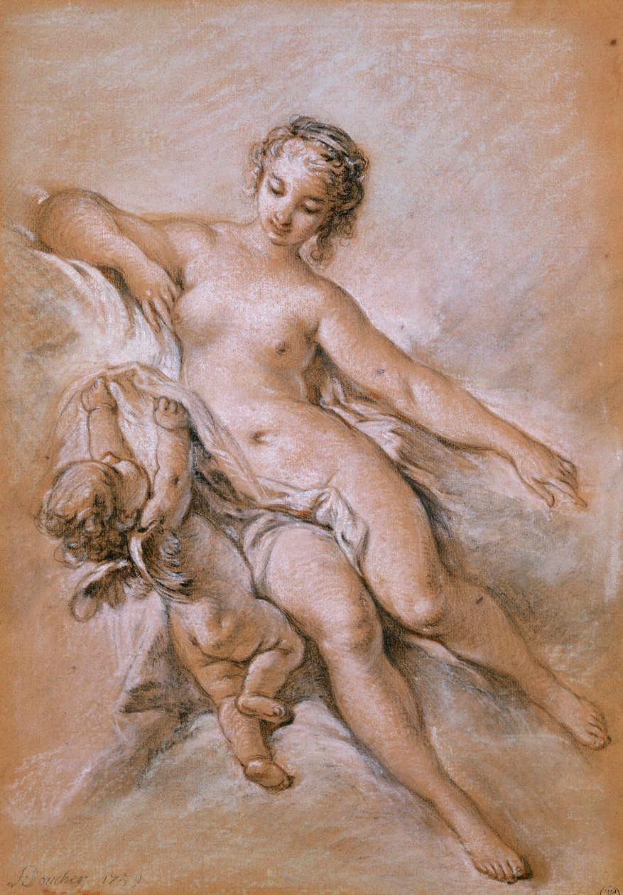 Venus og Amor (blyant og kritt på papir) av François Boucher