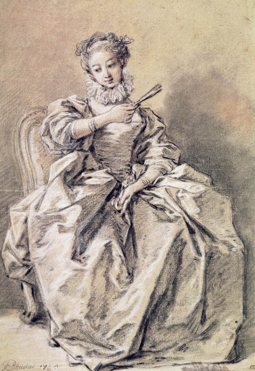 Kvinne i spansk kostyme (kull og hvitt kritt på papir) av François Boucher