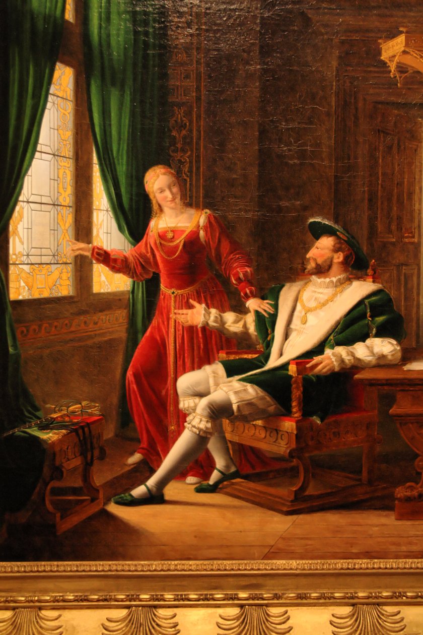 Frans I viser sin søster Marguerite de Navarre versene han nettopp har skrevet på et glass med diamanten sin av François Fleury Richard
