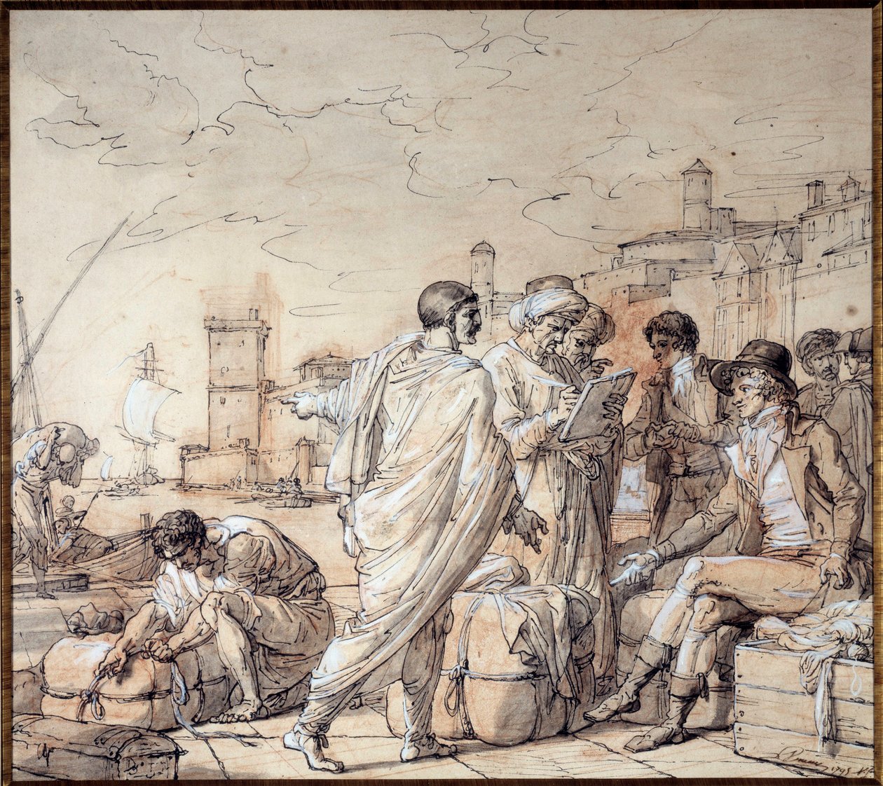 Negociants på kaiene i havnen i Marseille Tegning av Francois Andre Vincent (1746-1816) Marseille museum fra 1700-tallet av François André Vincent