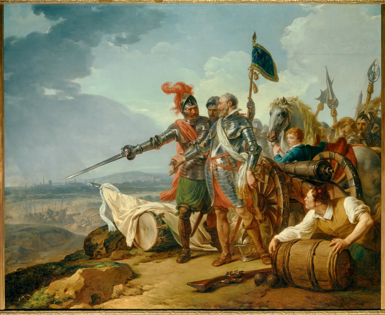 Religionskrig: "Kong Henry IV bringer mat til Paris i august 1590" Kong Henry IV (1553-1610) nær Paris under beleiringen av byen i 1590 forsyner sultende parisere. Maleri av Francois Andre Vincent (1746-1816) 1783 Søn. 1,57x1,92 m av François André Vincent