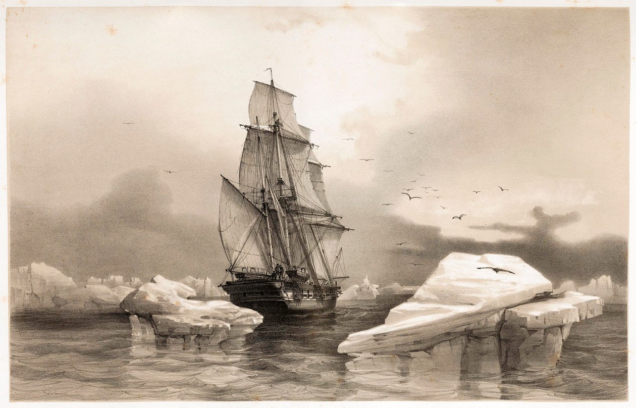 Corvette La Recherche nær Bear Island 7. august 1838 fra Voyages en Scandinavia, 1852. av François Auguste Biard