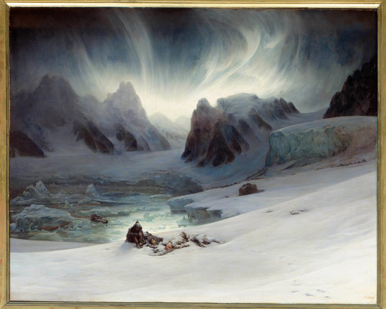 Magdalenabukta sett fra halvøygraven, Nord-Spitsbergen. Aurora borealis-effekt. Olje på lerret, 1,30 x 1,63 m. - "" Magdalena Bay, utsikt tatt fra halvøya med graver nord for Spitzberg, effekten av nordlys"" Maleri av Francois Auguste Biard av François Auguste Biard