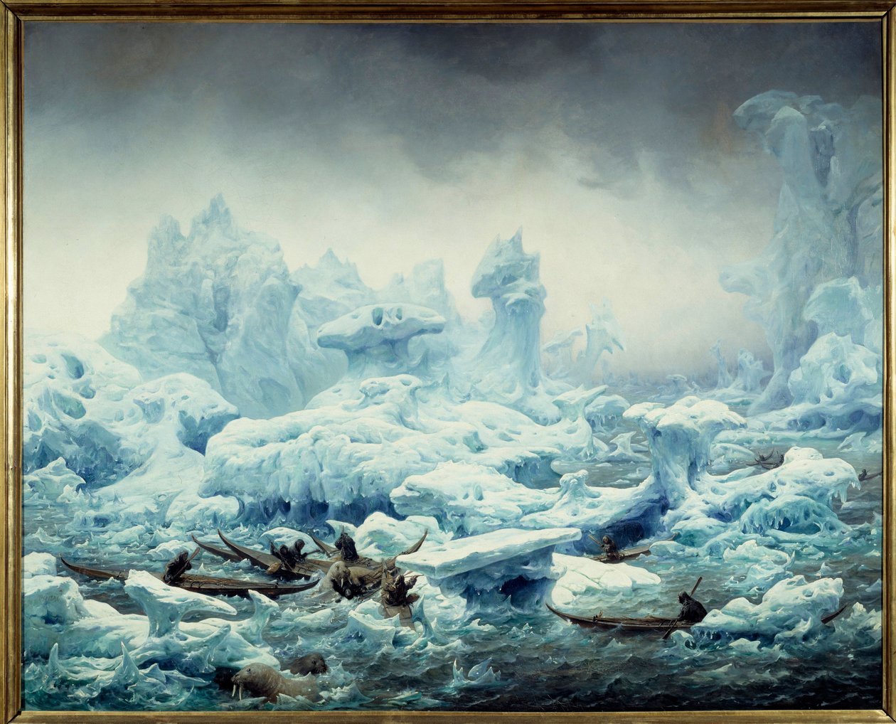 Utsikt over det iskalde havet, hvalrossfiske av grønlenderne Maleri av Francois Auguste Biard (1799-1882) 1841 Søn. 1,3x1,63 m Dieppe, musee du chateau - Fiske etter hvalross i Polhavet. Utsikt over Polarhavet, grønlendere som jakter hvalross. Maler av av François Auguste Biard