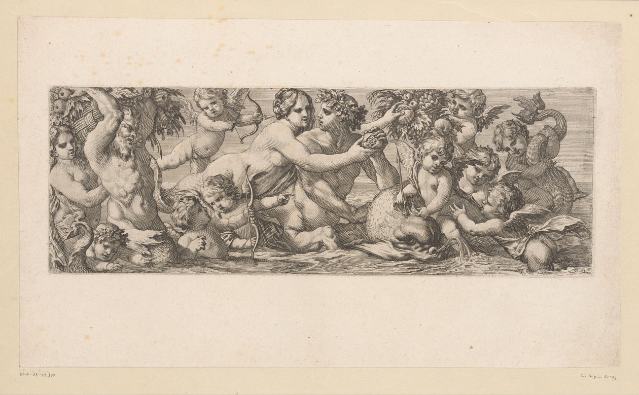 Bacchus med satyr, nereid og putti i vannet Mytologiske figurer ved vannet (serietittel) av François Bignon (attributed to)
