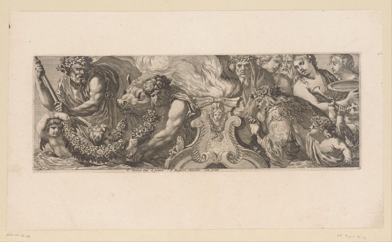 Mytologisk scene med guder i tilbedelse rundt et alter i vannet Mytologiske figurer ved vannet (serietittel) av François Bignon
