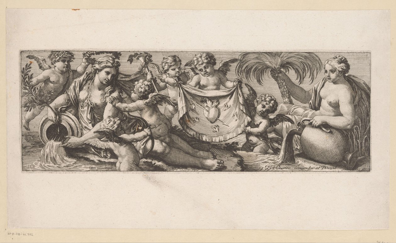 Putto med et brennende hjerte og gjennomboret av noen vannymfer Mytologiske figurer ved vannet (serietittel) av François Bignon
