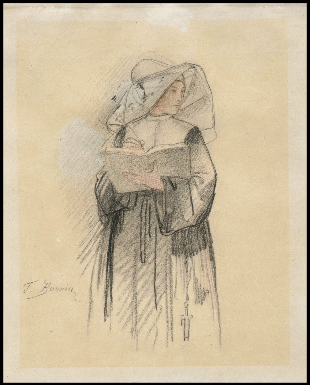 En nonne som holder en bok og penn, 1827-87 av François Bonvin
