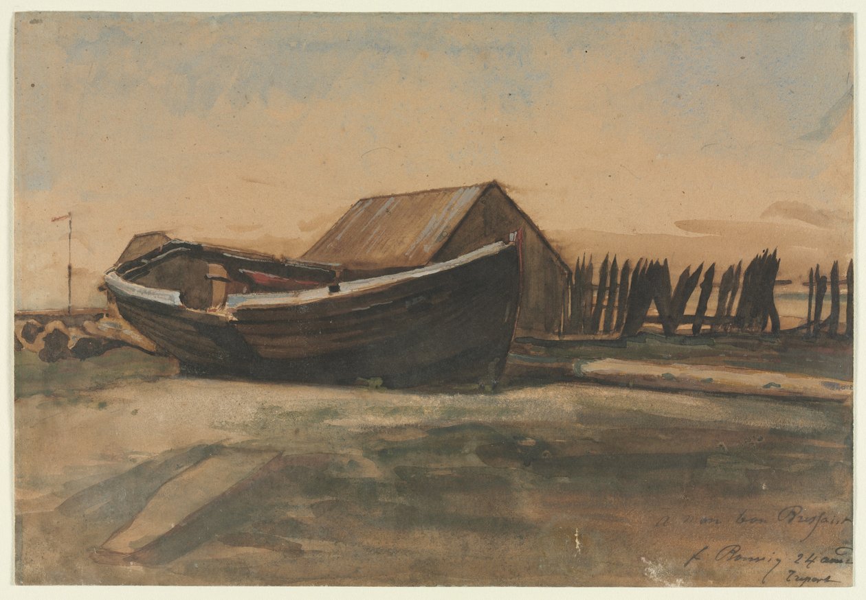 Båt på en strand, Le Treport, 1854. av François Bonvin
