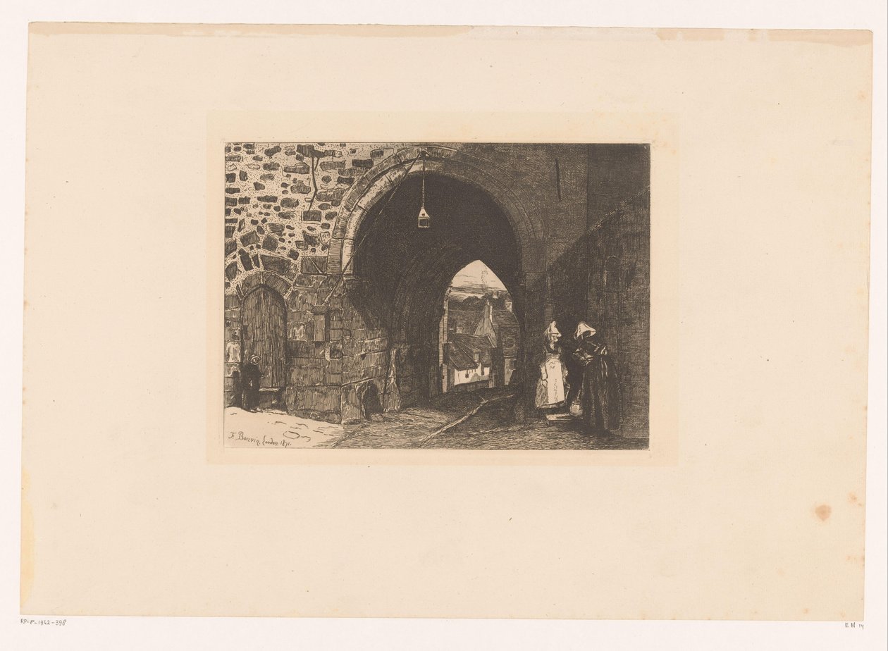 Utsikt over Porte de St. Malo te Dinan Ti etsninger, tegnet og gravert av F. Bonvin, Painter (serietittel) av François Bonvin
