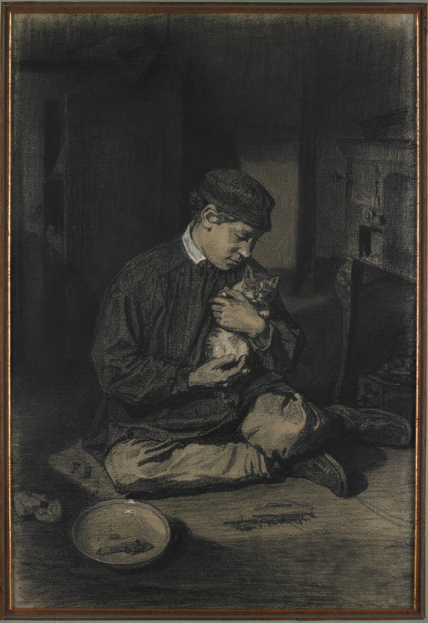 Sittende gutt som holder en katt (recto); Studie av kattunger og en tallerken melk (verso), ca. 1874-80 (svart kritt forsterket med hvitt kritt på off-white lagt papir) av François Bonvin