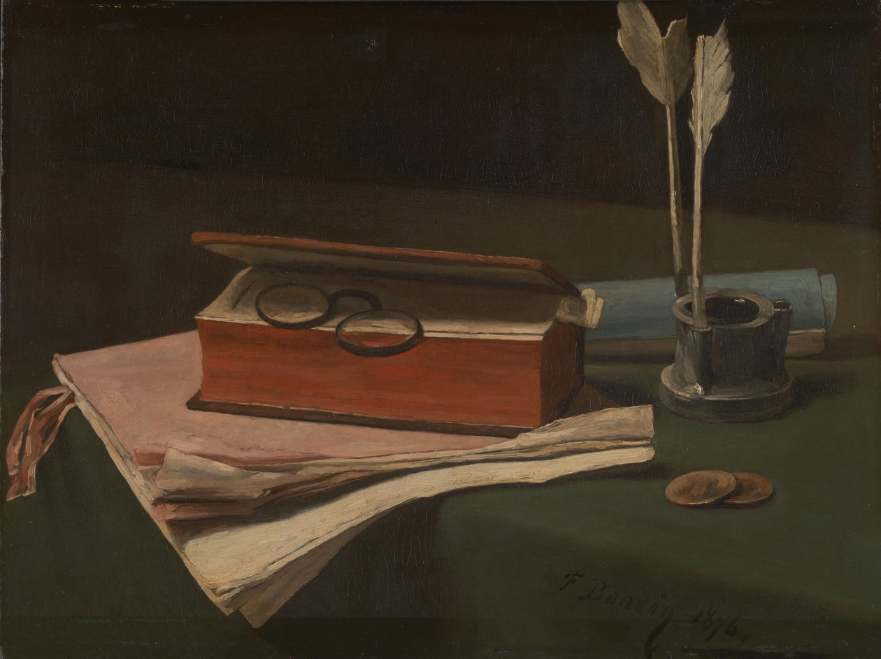 Stilleben med bok, papirer og blekkhus, 1876 av François Bonvin
