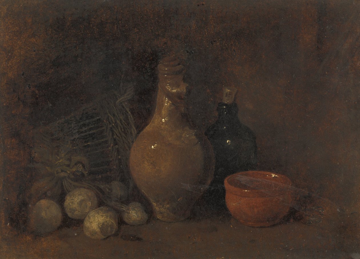 Stilleben med fire frukter, glass og keramikk av François Bonvin