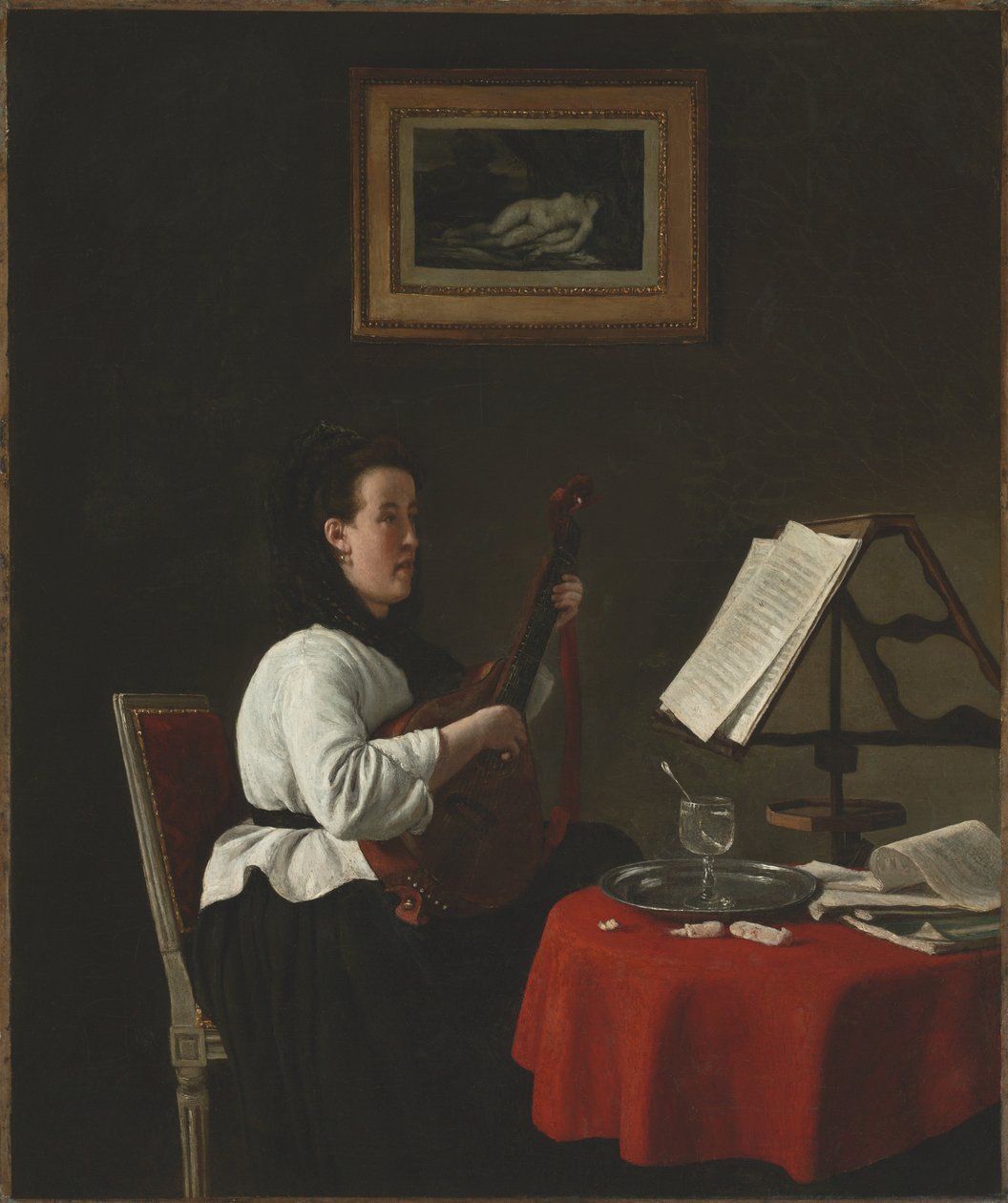 Ung kvinne med mandolin, portrett av Louison Köhler, ca. 1873-1874. av François Bonvin